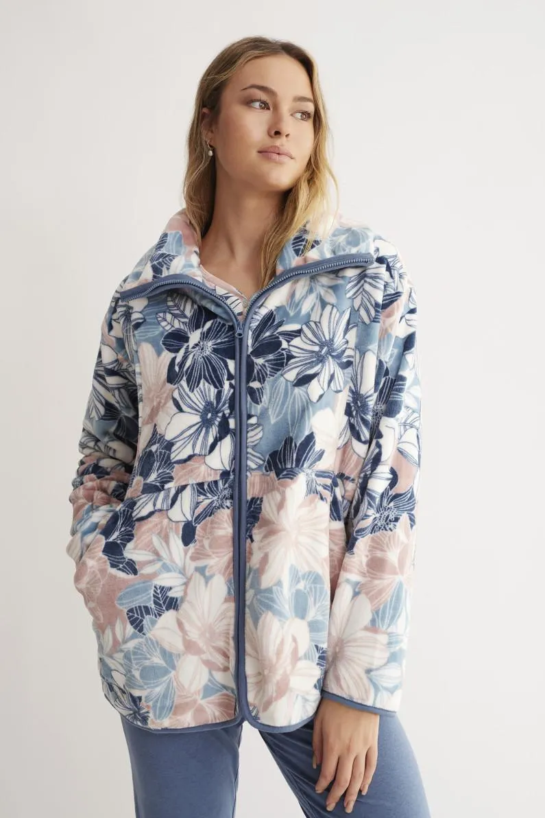 PIJAMA 3 PIEZAS PANTALÓN LARGO PUÑO, CAMISETA MANGA LARGA MODAL / ALGODÓN Y BATA TEJIDO SEDALINA CON CREMALLERA