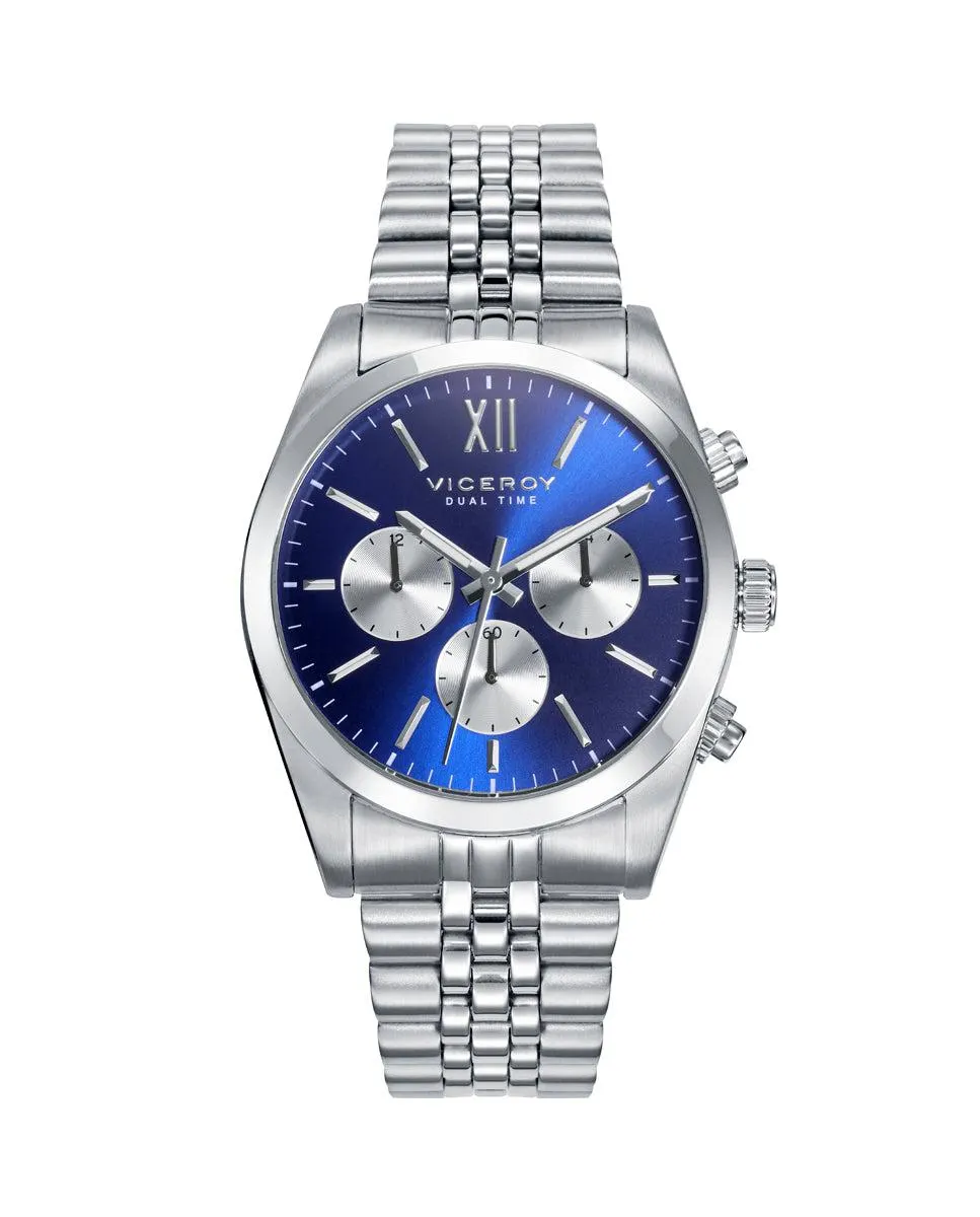 Reloj de hombre Chic de acero multifunción dual time con esfera azul
