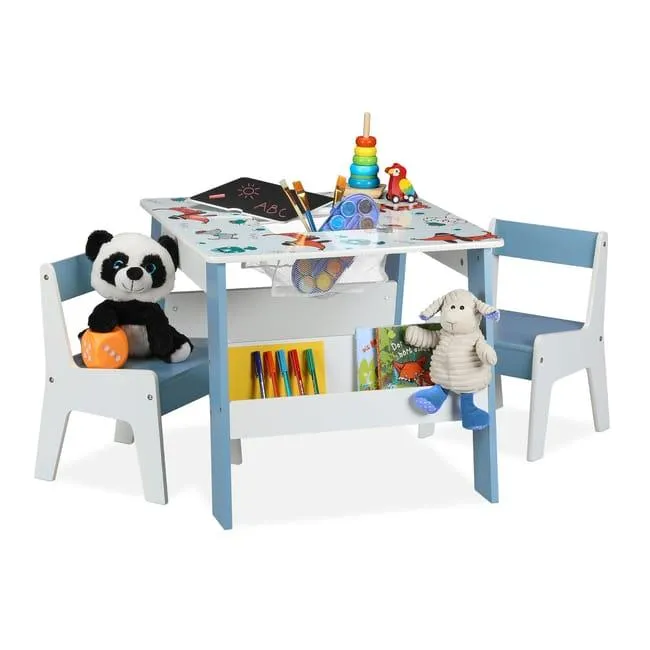Relaxdays Mesa y Sillas Infantiles Estantes Perros, Mesita, 2 Asientos, Muebles Niños, Almacenaje y Pizarra, Multicolor