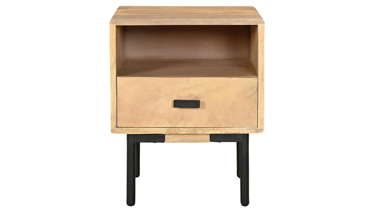 Mesilla con almacenaje de madera clara de mango macizo y metal negro 40 cm MORISSON
