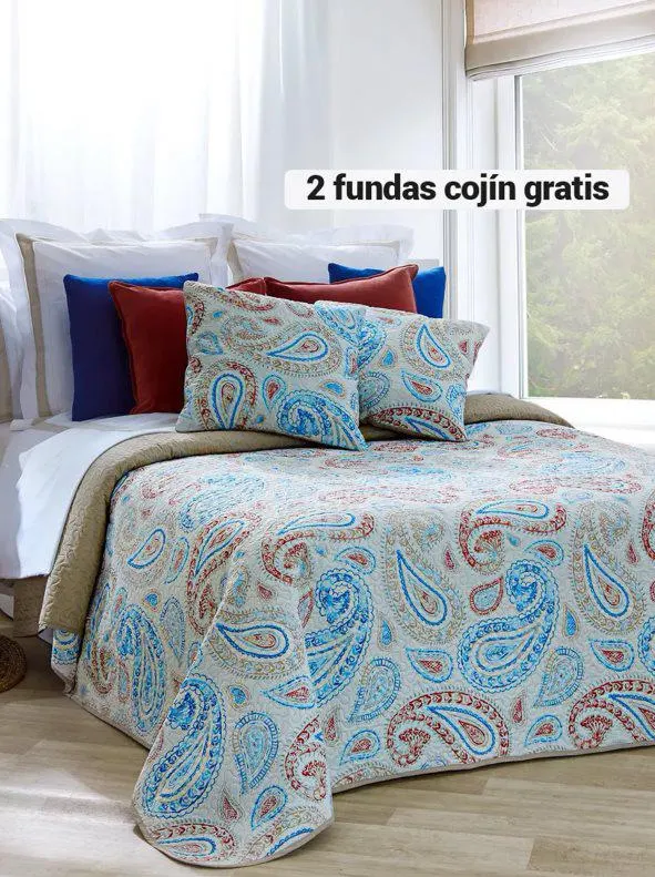 Colcha reversible estampada + 2 fundas cojín gratis