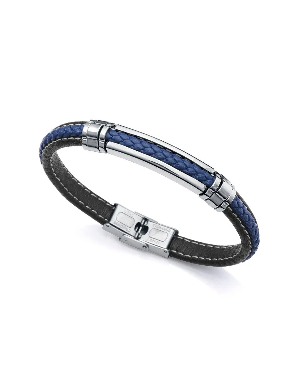 Pulsera Magnum de acero con piel negra y azul