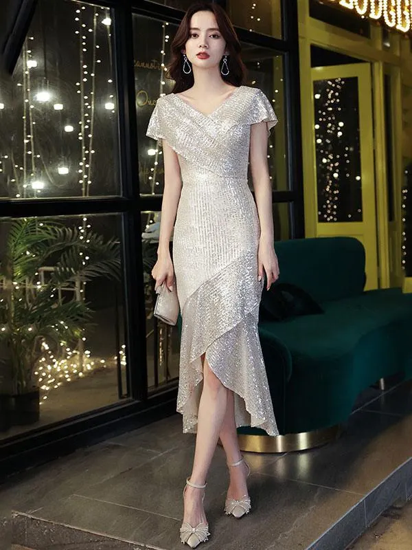 Vestido de noche Sirena Escote en V Hasta el té Manga corta Cremallera Lentejuelas Vestidos de fiesta formales