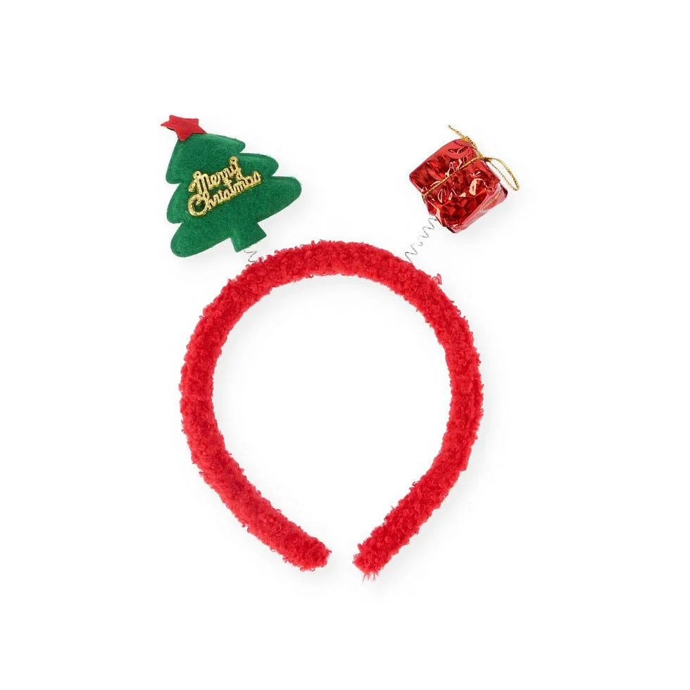 Diadema navideña con árbol y regalo