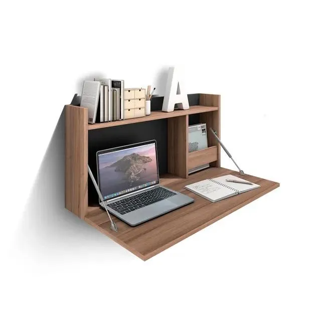Escritorio abatible suspendido fabricado en melamina, modelo LIVERPOOL de Herdasa en color nogal y grafito