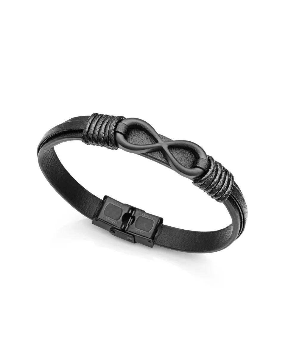 Pulsera de hombre de acero en Ip negro y cuero negro