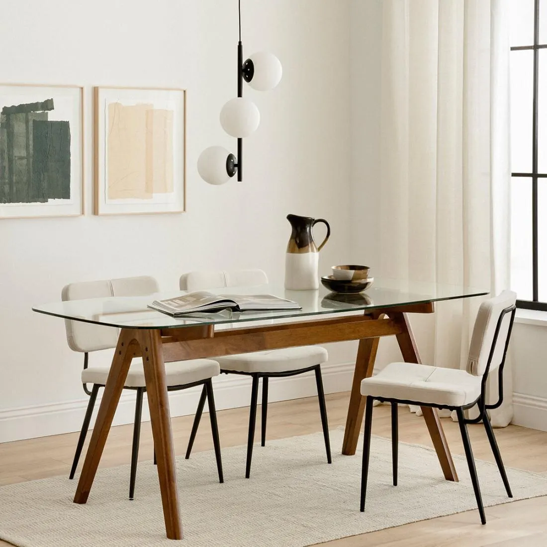 Mesa de comedor rectangular sobre cristal y madera maciza nogal 180