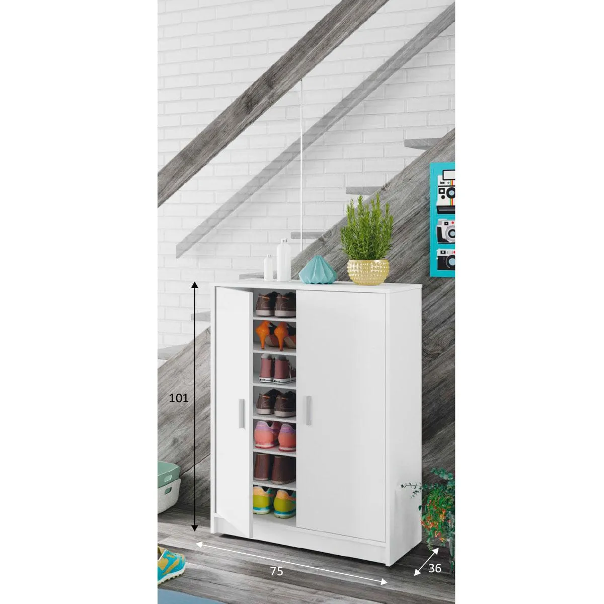 Armario zapatero Basic 2 puertas 6 baldas blanco 101x75x36 cm