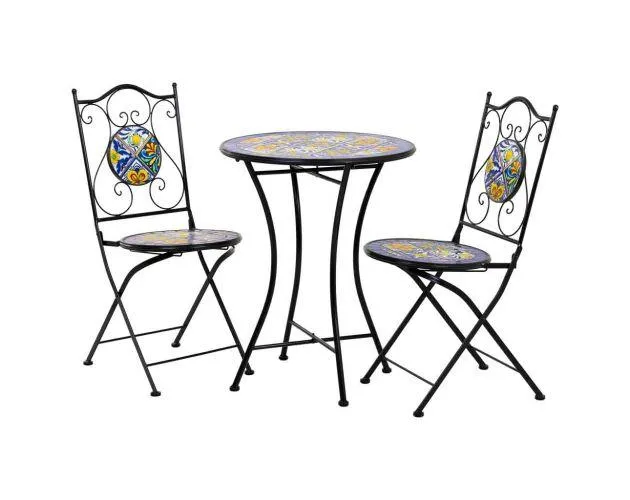 Conjunto portofino mesa y dos sillas de mosaico y forja negro mesa