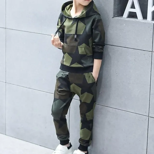 Niños Chico Conjunto de Ropa 2 Piezas Manga Larga Verde Trébol Rojo Graphic Color Camuflaje Estampado Algodón Exterior Interior Básico Diario Regular 3-12 años / Primavera / Otoño