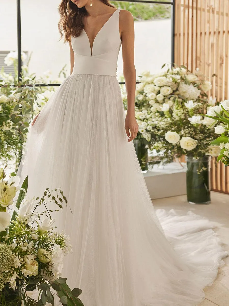 Vestido de novia simple Línea A con cuello en V Sin mangas Vestidos de novia de encaje Personalización gratuita
