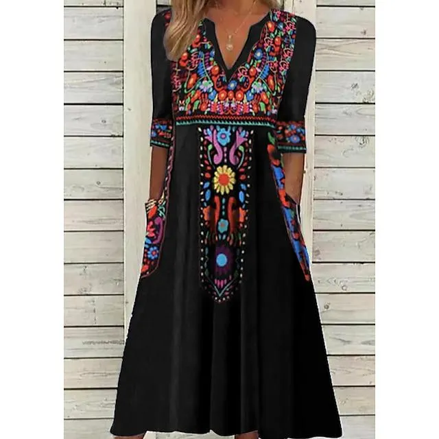 Mujer Vestido informal Vestido Étnico Vestido de cambio Vestido Midi Negro Media Manga Floral Bolsillo Otoño Primavera Verano Escote en Pico Vintage Cumpleaños Diario Cita 2023 S M L XL XXL 3XL