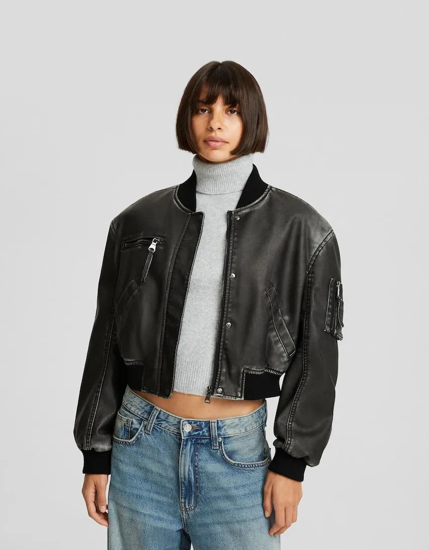 Distressed faux leather bomber jacket