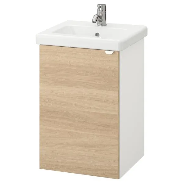 Armario lavabo+1prta, efecto roble/blanco Pilkån grifo,
