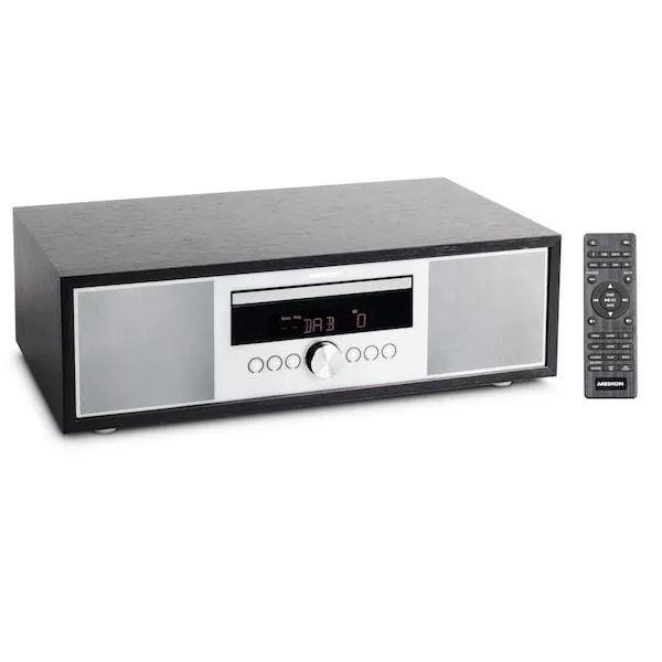 MEDION® LIFE® P64145 All-in-One Audio System [Sistema de audio todo-en-uno], radio estéreo DAB+/PLL-FM, Bluetooth®, reproductor de CD/MP3, reproducción de archivos de música desde un dispositivo USB, diseño elegante, 2 x 15 W RMS, color: plata