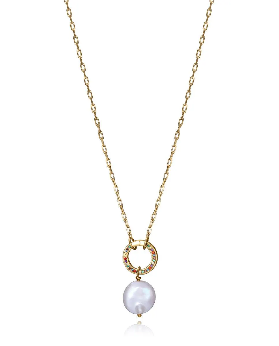 Collar Elegant de plata de ley con baño de oro, aro con circonitas de colores, y colgante de perla cultivada