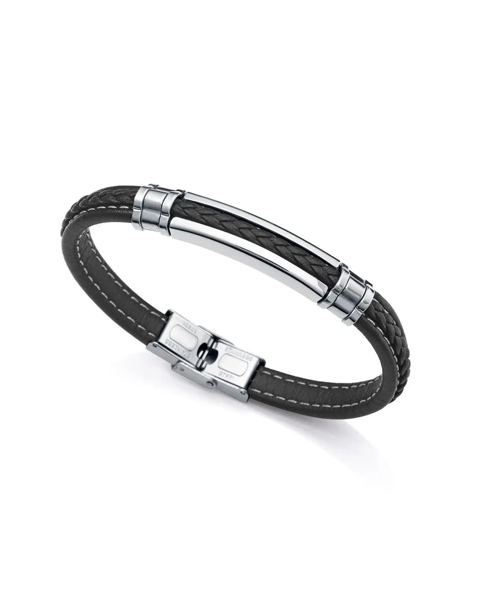 Pulsera Magnum de acero con piel negra