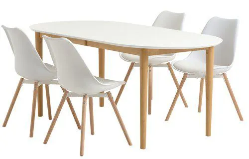 Mesa EGENS L190/270 blanco + 4 sillas KASTRUP blanco