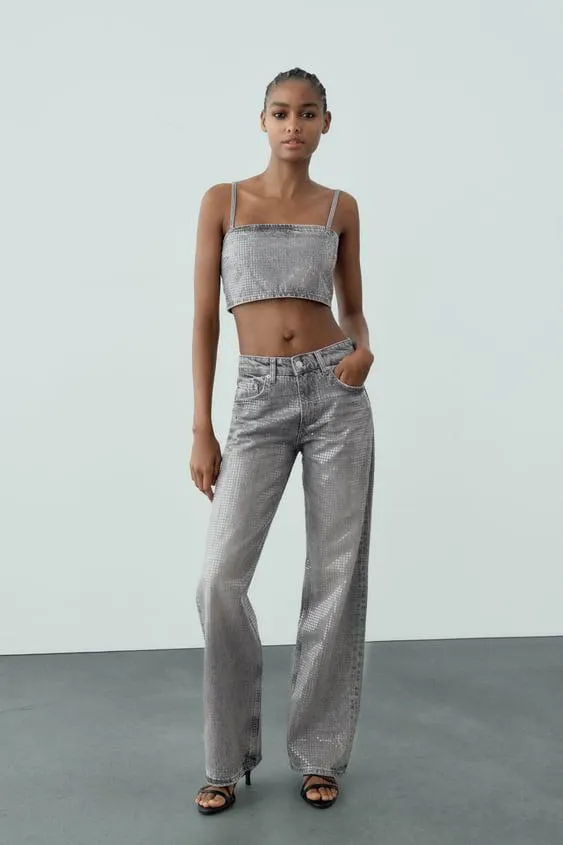 JEANS TRF WIDE LEG TIRO MEDIO FOIL LENTEJUELAS