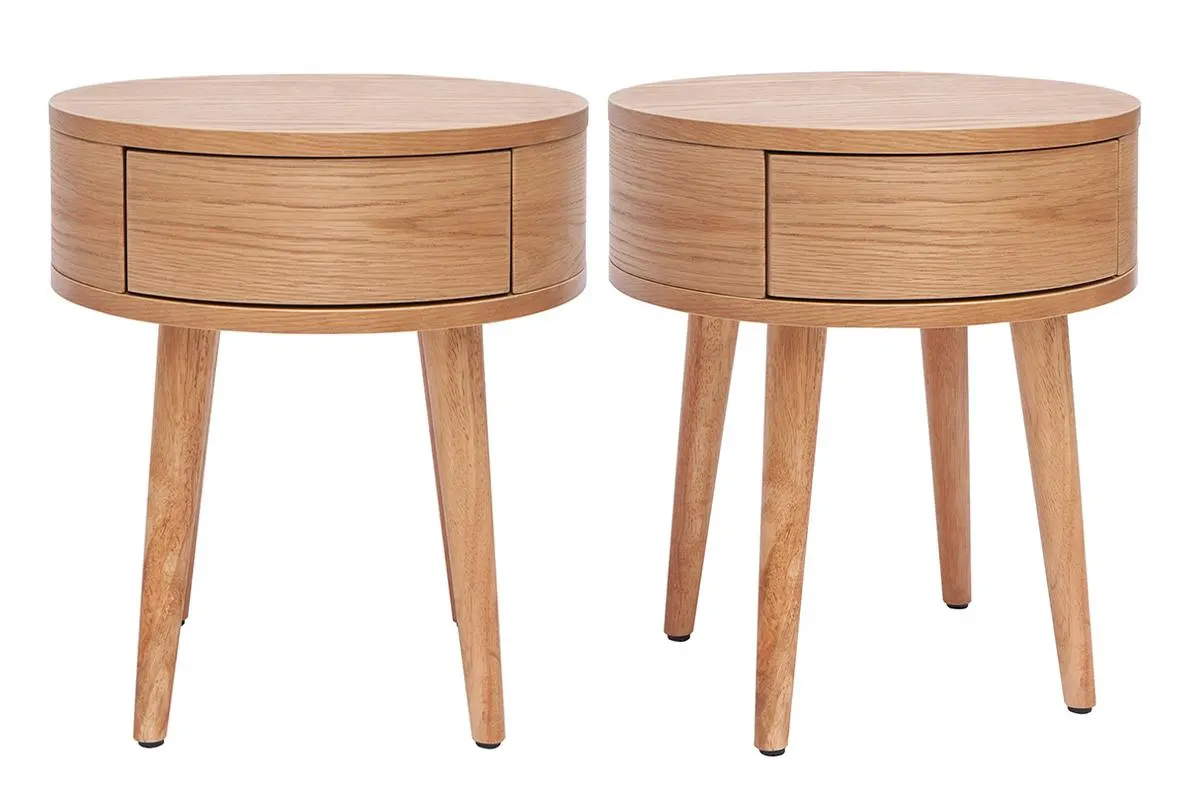 Set de 2 mesillas de noche redondas de madera clara con cajón JUDITH