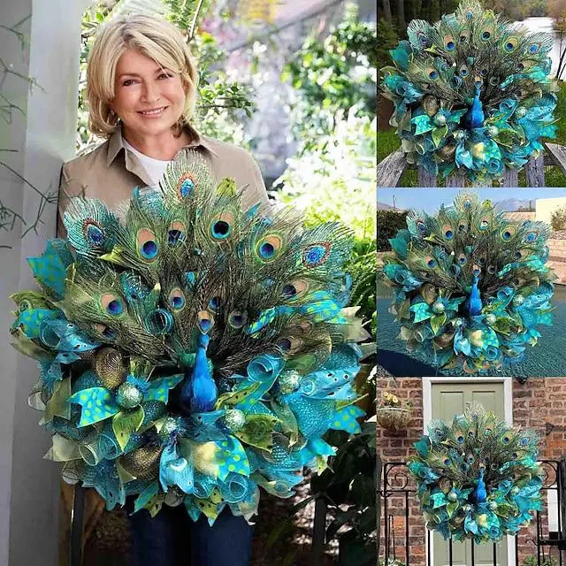 corona de pavo real para la puerta principal, corona de plumas de pavo real única decoración de la casa de campo de la puerta de la pared de la habitación interior al aire libre, decoración de la puerta principal del pavo real azul hecha a mano regalo de