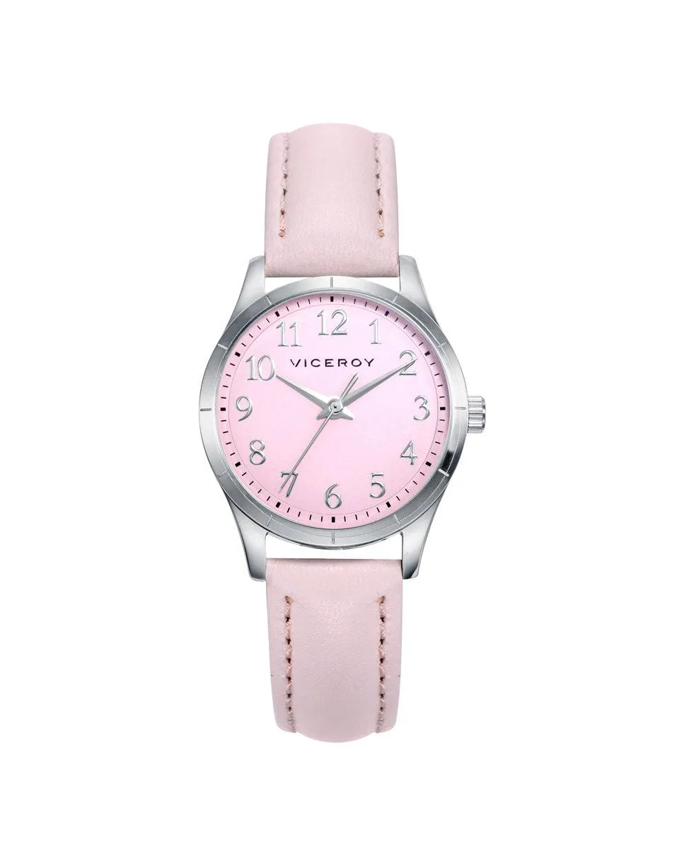 Reloj con esfera rosa y correa de piel rosa, de niña. Pulsera de cordón rosa de nailon con motivo árbol de la vida de plata ley de regalo.