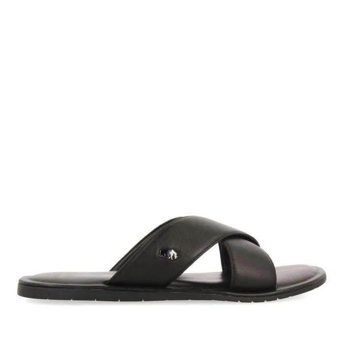 BLACK LEATHER SANDALS WITH CROSS STRAP FOR MEN OROSH