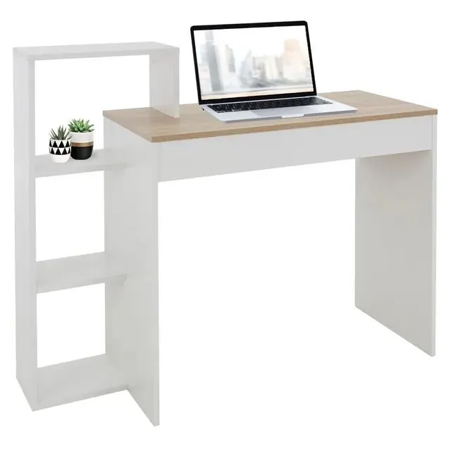 ML-Design Escritorio con Estantes Mesa de Trabajo para Oficina, Mesita de Ordenador PC Blanco con Tablero de Roble Sonoma, 3 Baldas, 110x72x40 cm, Mad