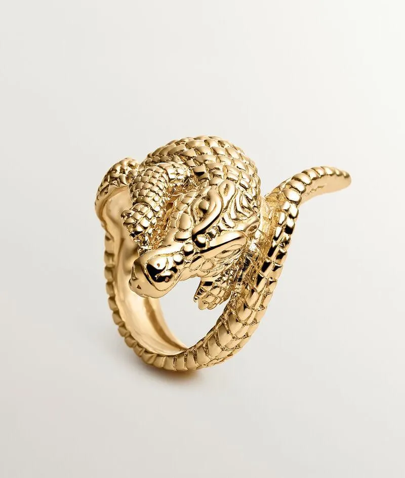 Anillo ancho de plata 925 bañada en oro amarillo de 18K con forma de cocodrilo