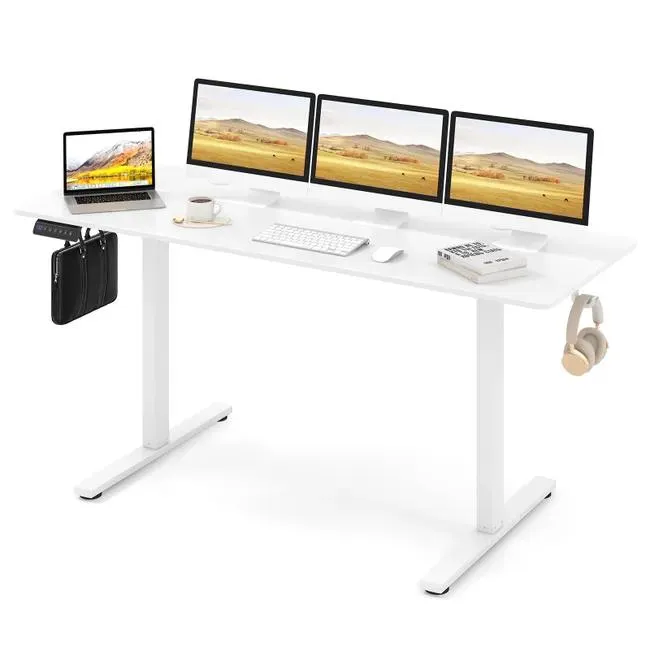 COSTWAY Escritorio Elevable Eléctrico 160 x 60 cm, Altura Ajustable71,5-116,5 cm de Memoria, 2 Ganchos y Orificios para Cables, Escritorio de Pie Blan