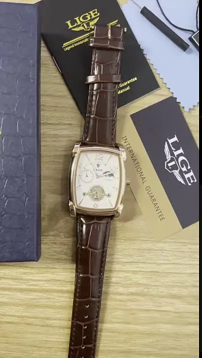 LIGE Hombre Relojes Mecánico Lujo Esfera Grande Moda Negocios Cuerda Automática Tourbillon Pantalla de fase lunar Luminoso Piel Reloj