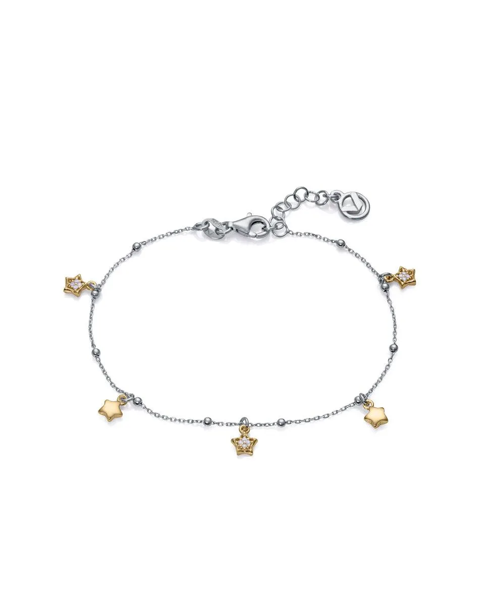 Pulsera cadena Clásica de plata de ley con baño de rodio con estrellas colgantes bañadas en oro y circonitas