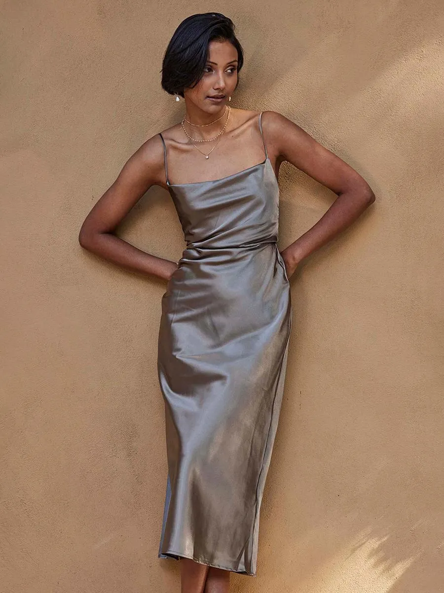 Vestido corto de dama de honor Seda elástica como satén Sin mangas Cremallera Cuello cuadrado Vestidos de fiesta de boda