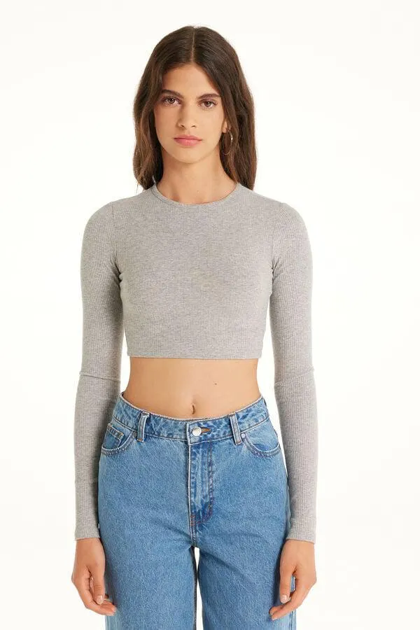 Camiseta Corta de Manga Larga y Cuello Redondo de Canalé