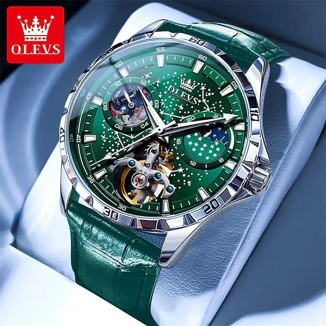 Olevs relojes automáticos originales para hombres cronógrafo esqueleto cielo estrellado multifuncional calendario luminoso reloj de cuarzo reloj de pulsera de vestir de lujo de acero inoxidable resistente al agua