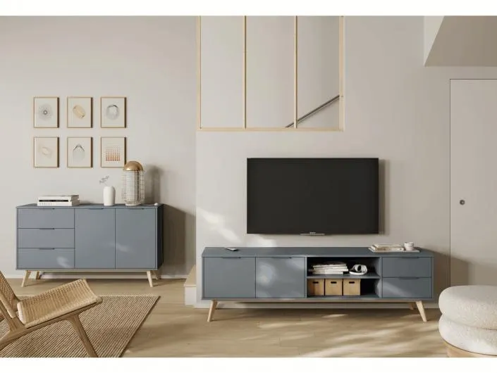 Mueble tv 2 puertas, 2 cajones y 2 huecos color verde kaki y cera blanca