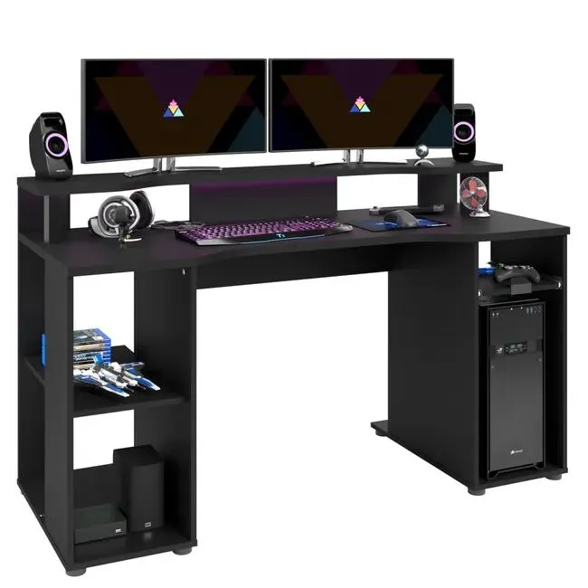 Mesa Gaming para Espacio Gamer con Luces LED, Espacios de Almacenaje y Acabado Negro Mate 90x150x60 cm