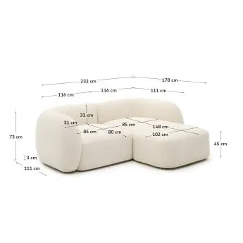 Sofá modular Martina 2 plazas de chenilla con chaise longue derecho crudo 230 cm