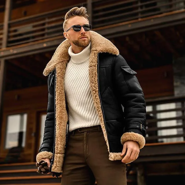 Hombre Abrigo de piel de oveja Chaqueta de Invierno Abrigo de invierno Chaqueta de sherpa Negocio Casual Resistente al Viento Templado Invierno Rojo tinto Negro Amarillo Marrón Café Chaquetas