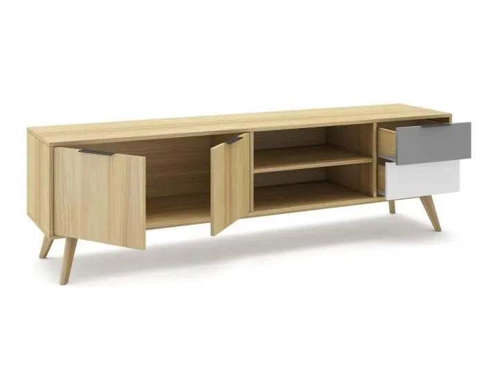 Mueble Tv Roble Gris Claro Blanco con 2 puertas y 2 cajones