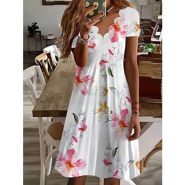 Mujer Vestido informal Vestido de cambio Vestido de flores Mini vestido Blanco Rosa Rojo Manga Corta Floral Frunce Verano Primavera cuello festoneado Moda Vacaciones 2023 S M L XL XXL 3XL