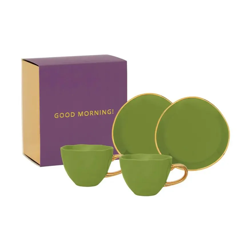 Good Morning gift set Cappuccino mug & saucer 2-pack Evergreen sprig