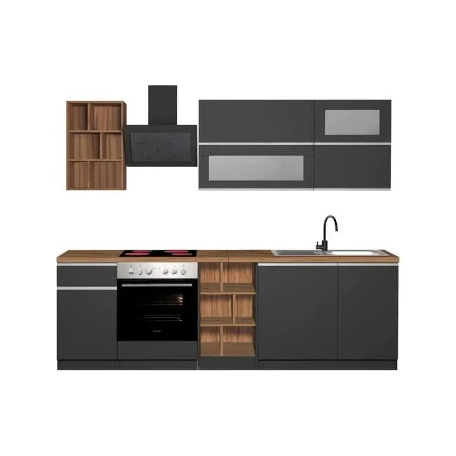 Cocina completa Dcastill, Cocina práctica y que ahorra espacio, Pared de cocina con 5 puertas y 1 cajón, 255x60h85 cm, Antracita y Roble