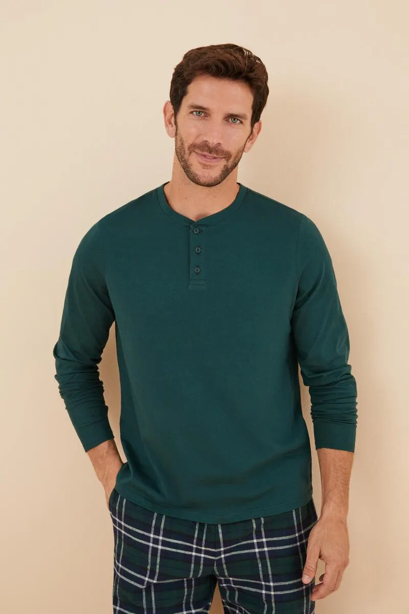 Pijama largo hombre 100% algodón cuadros camiseta panadera