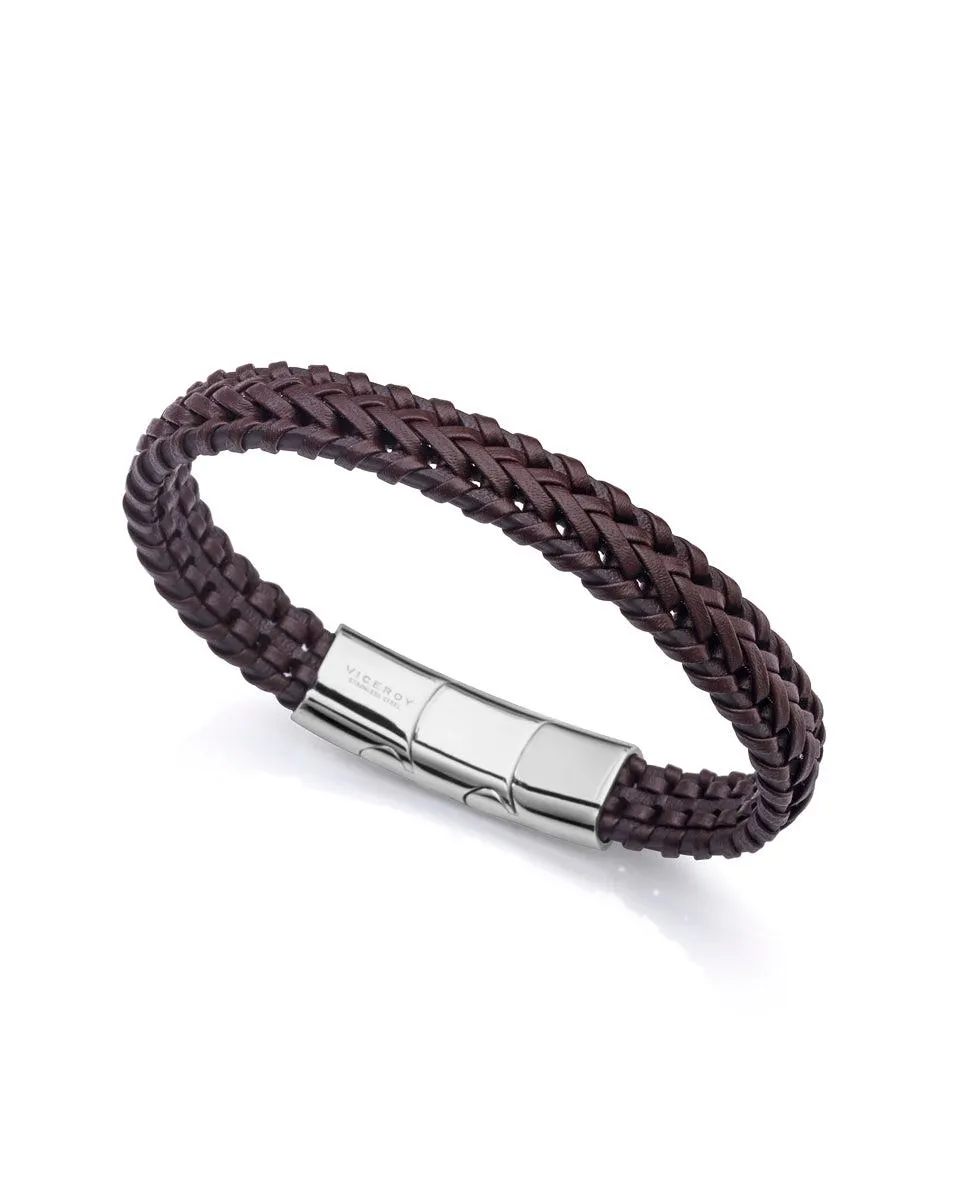 Pulsera Magnum de acero con piel marrón trenzada , cierre y extensión