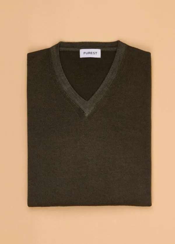 Jersey FUREST COLECCIÓN lana merino cuello pico color kaki