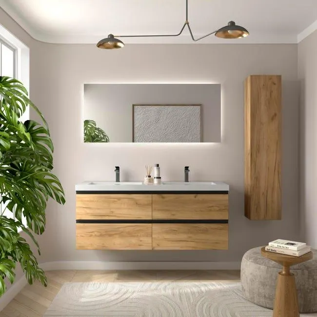 Mueble de Baño BEQUIA METAL 140cm Roble | Lavabo Toscana Carga Mineral