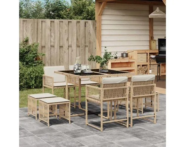 vidaXL set comedor de jardín 9 pzas con cojines ratán sintético beige