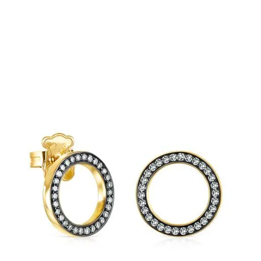 Pendientes disco con baño de oro 18 kt sobre plata y diamantes Nocturne