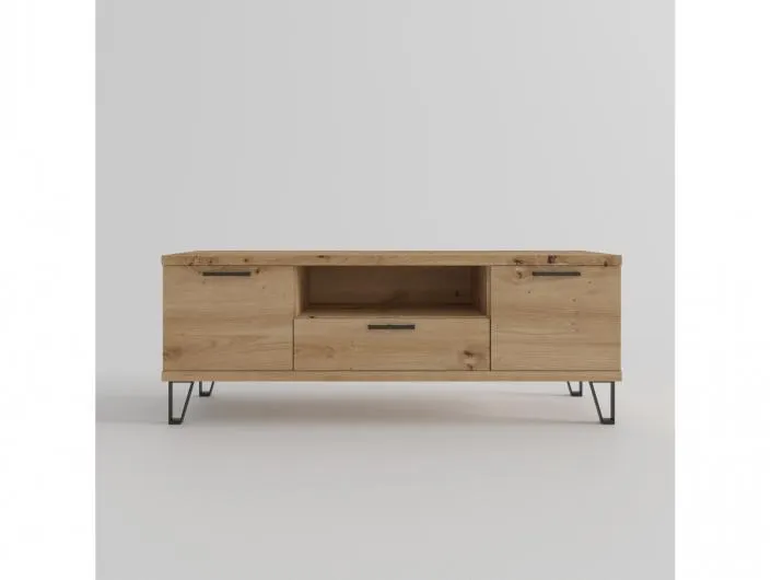 Mesa tv. 2 puertas,hueco y 1 cajón con patas diáfanas color artisan-negro de 140 cm.